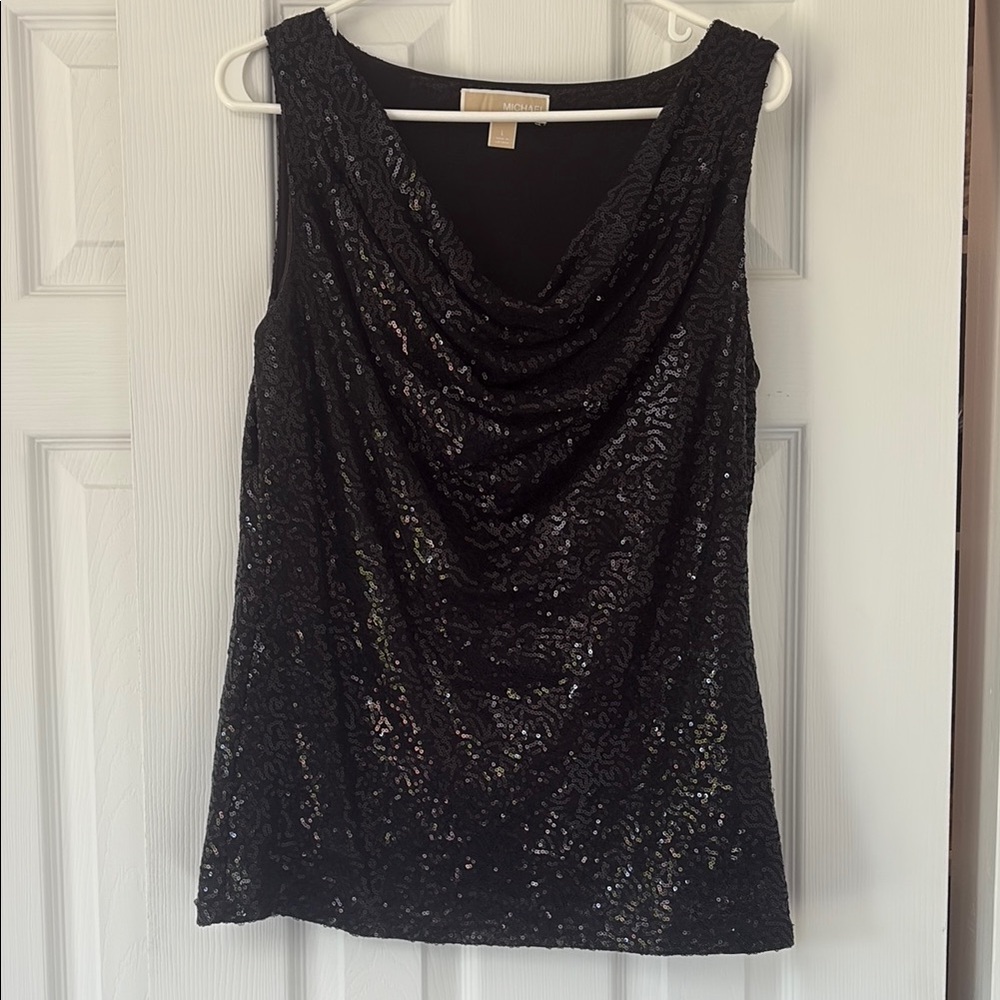 Michael Kors Black Sequin Ruched Tank Top